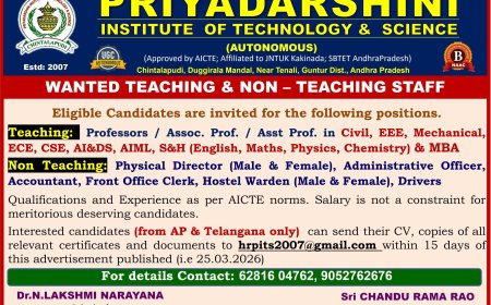 priyadarshini institute of technology and science, guntur | faculty openings 2026